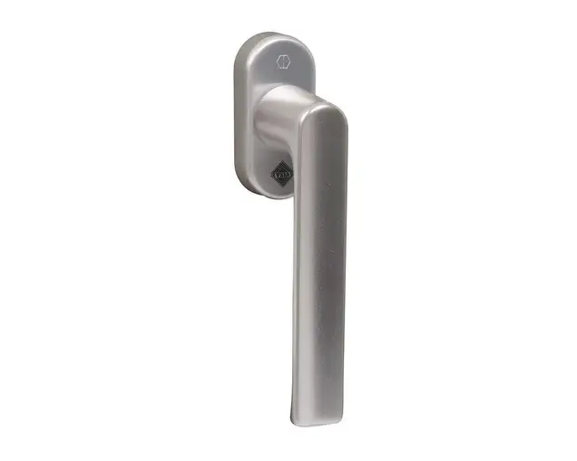 Ручка оконная алюминиевая  HOPPE Hamburg SecuForte с логотипом VEKA, штифт vario fit 32-42 мм, 45°, 2 винта М5х45,  2 винта М5х50, серебро