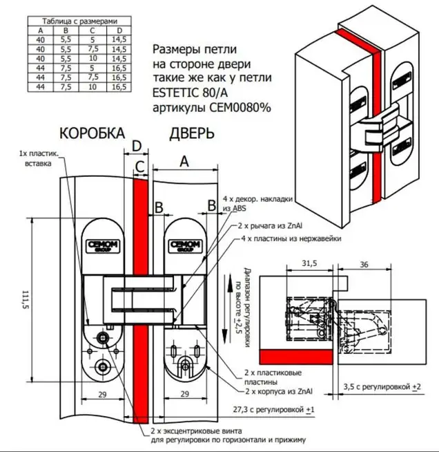 Петля дверная скрытая универсальная со смещением плоскостей, 3D, 111.5x29 мм, 50 кг, цамак, белый мат., с 4 пласт. колпачками