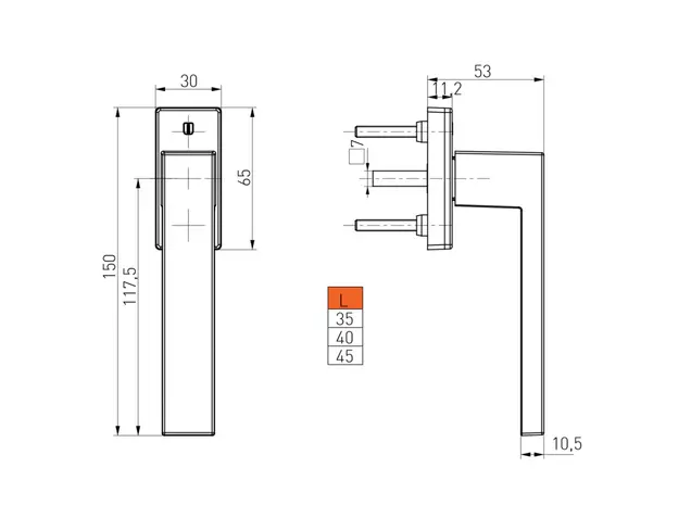 Ручка оконная Internika DUBLIN 40 мм, алюминиевая, 2 винта, черный матовый RAL9005M (45°)