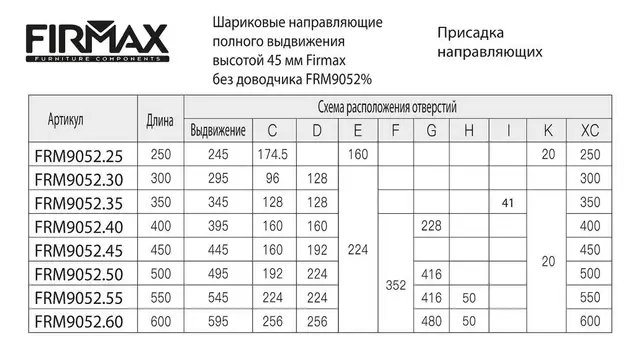 Направляющие шариковые Firmax полного выдвижения, H=45 мм, L=350 мм, цинк (2 части), толщина 1,2*1,2*1,5мм