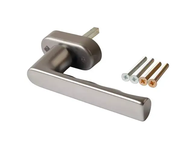 Ручка оконная алюминиевая  HOPPE Hamburg SecuForte с логотипом VEKA, штифт vario fit 32-42 мм, 45°, 2 винта М5х45,  2 винта М5х50, титан