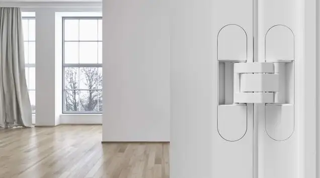 Петля скрытая ELEMENTIS, универсальная, 3D, 120x30 мм, 80 кг, цамак, белый матовый, с 4 пласт. колпачками