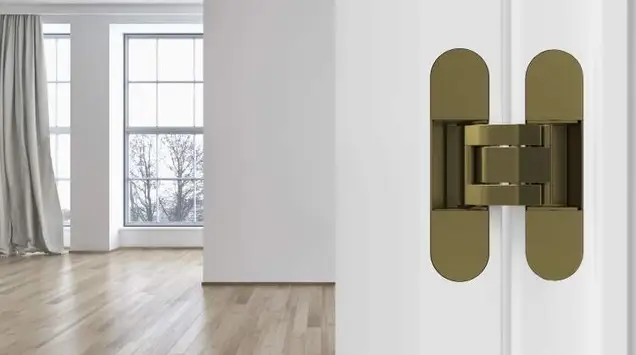 Петля скрытая ELEMENTIS, универсальная, 3D, 120x30 мм, 80 кг, цамак, бронза античная, с 4 пласт. колпачками