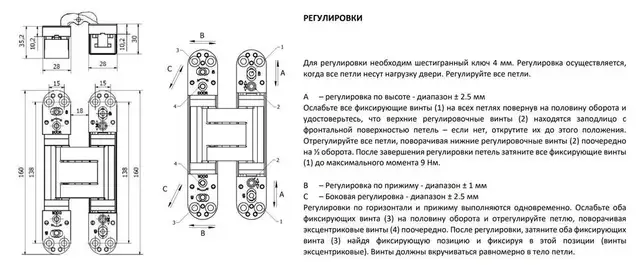 Петля дверная скрытая универсальная, 3D, 160х28 мм, 100 кг, черный, с 4 пласт. колпачками