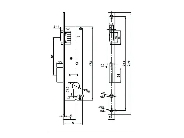 Замок Elementis с ригелем и роликовой защелкой 155 PZ/F16/20