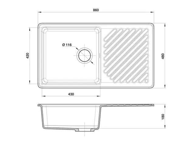 Мойка врезная с крылом GF-QUARZ (Z53) 860*480, черный