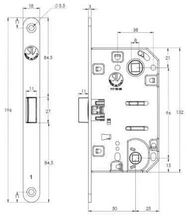 Замок механический WC 50x8x96x6 ширина штульпа 18 мм, универсальный, c винтами, хром матовый